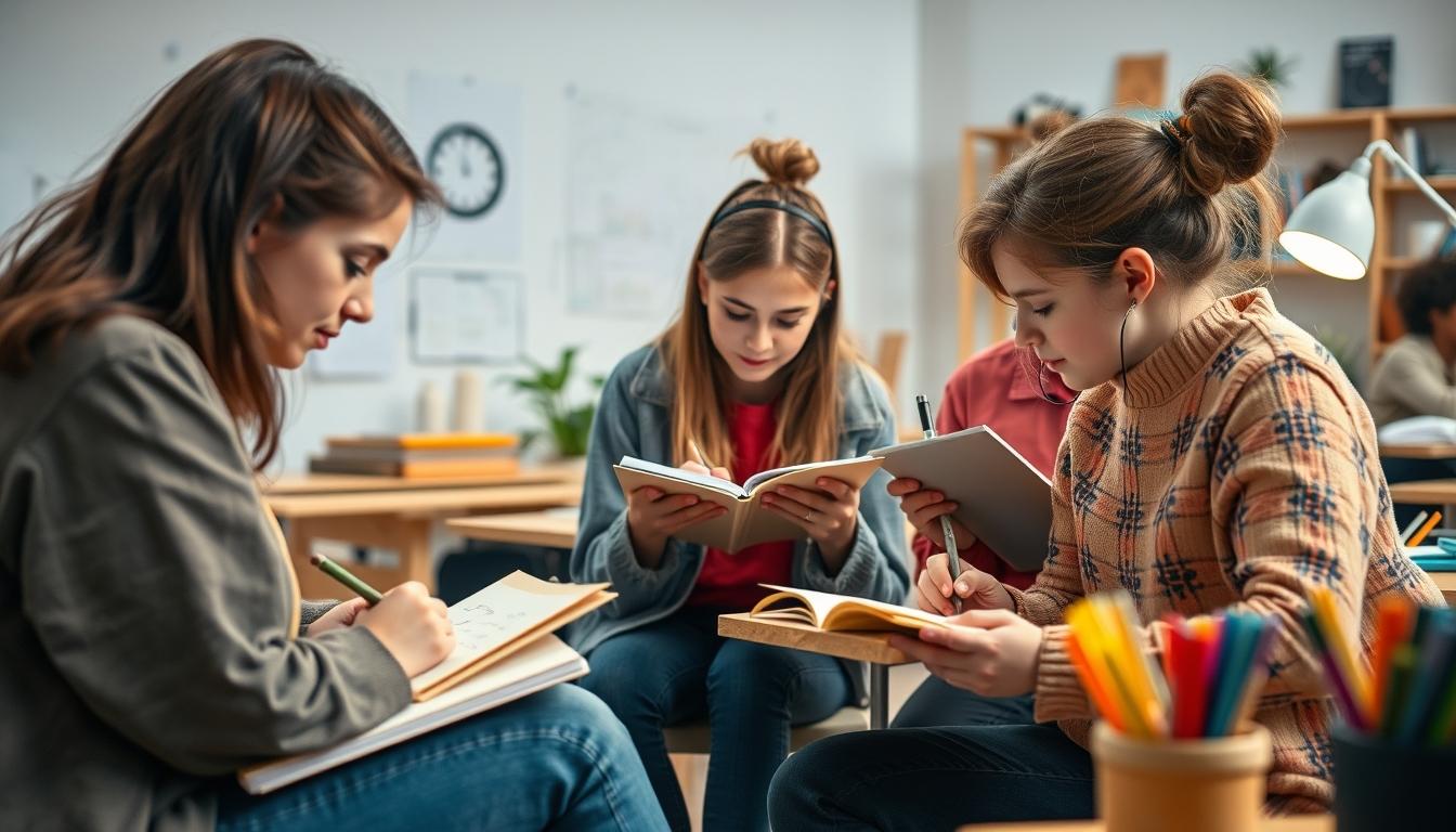 Students studying together in modern classroom